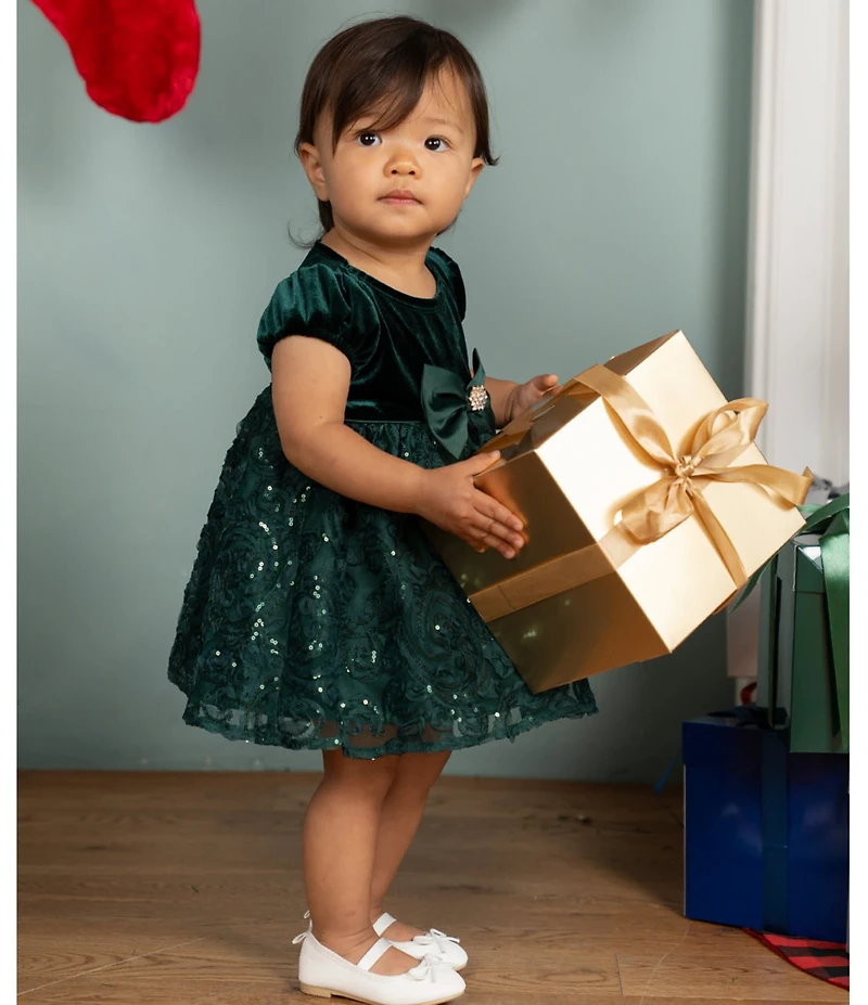 Rare Editions Baby Girls Velvet Stretch Bubble Bow Bodice Dress