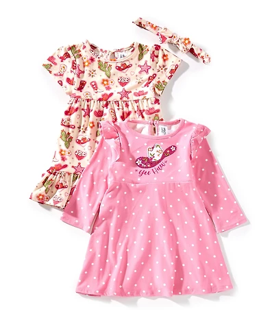 Rare Editions Baby Girls Western Printed Yummy Dress To Dot Printed Dress With Applique 2 Pack