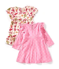 Rare Editions Baby Girls Western Printed Yummy Dress To Dot Printed Dress With Applique 2 Pack