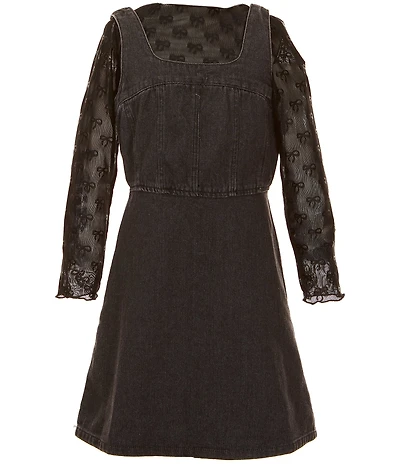 Rare Editions Big Girls Long Sleeve Printed Mesh Top & Denim Shoulder Strap Dress
