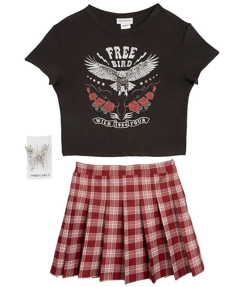 Rare Editions Big Girls Short-Sleeve Solid Free Bird T-Shirt & Plaid Skirt Set