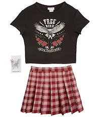 Rare Editions Big Girls Short-Sleeve Solid Free Bird T-Shirt & Plaid Skirt Set