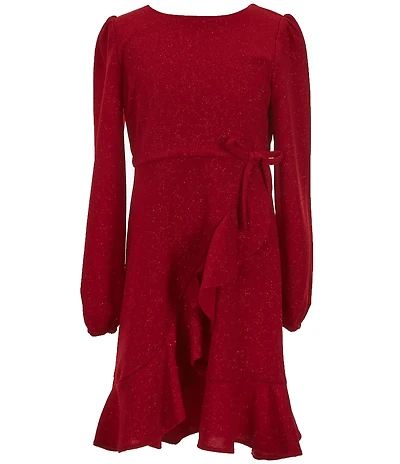 Rare Editions Big Girls Long Sleeve Glitter-Knit Faux-Wrap Dress