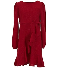 Rare Editions Big Girls Long Sleeve Glitter-Knit Faux-Wrap Dress