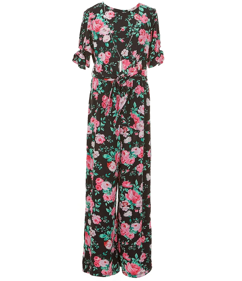 Rare Editions Big Girls 3/4-Sleeve Floral-Printed Rib-Knit Jumpsuit