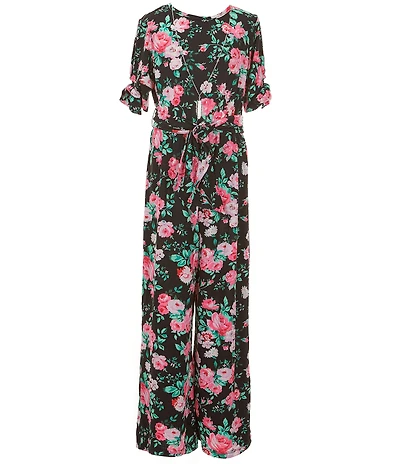 Rare Editions Big Girls 3/4-Sleeve Floral-Printed Rib-Knit Jumpsuit