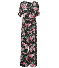 Rare Editions Big Girls 3/4-Sleeve Floral-Printed Rib-Knit Jumpsuit