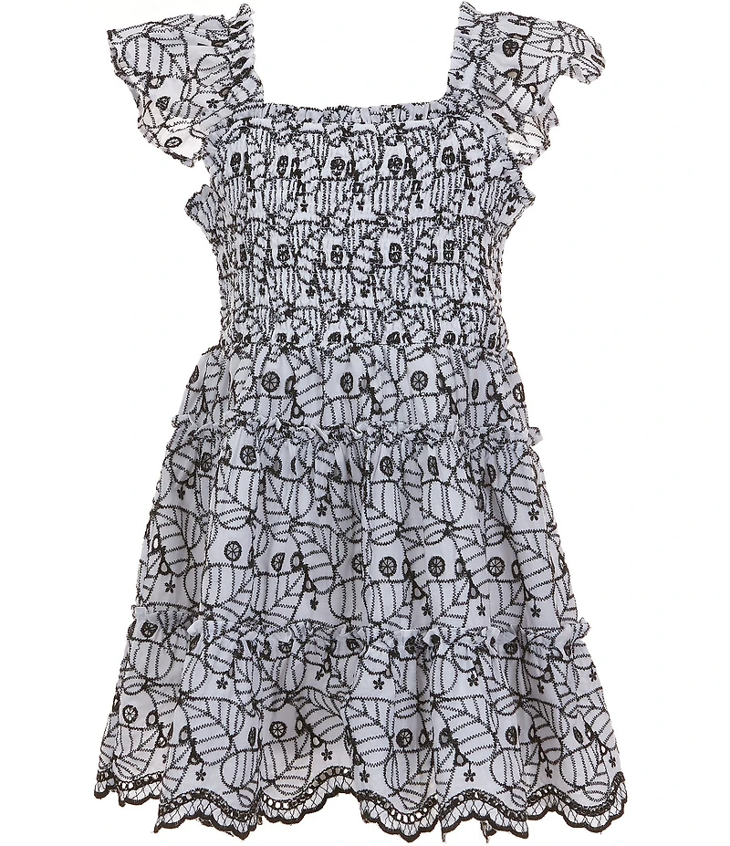 Rare Editions Big Girls Eyelet Flutter Sleeve Smocked Scallop Hem Dress