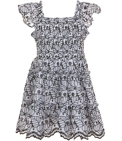 Rare Editions Big Girls Eyelet Flutter Sleeve Smocked Scallop Hem Dress