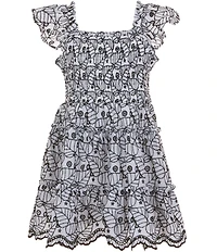 Rare Editions Big Girls Eyelet Flutter Sleeve Smocked Scallop Hem Dress