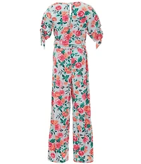 Rare Editions Big Girls Floral 3/4-Sleeve Rib-Knit Jumpsuit