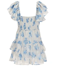 Rare Editions Big Girls Floral Print Short Sleeve V-Waist Ruffle Dress