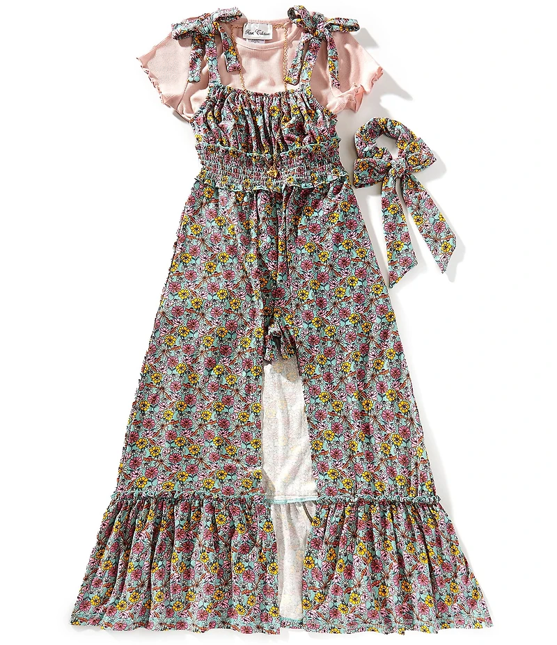 Rare Editions Big Girls Floral-Printed Skirted Romper & Solid Short-Sleeve T-Shirt Set