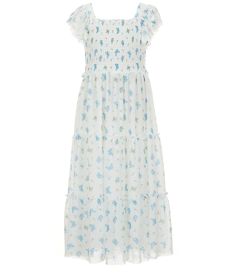Rare Editions Big Girls Flutter-Sleeve Butterfly-Printed Power Mesh Long Dress