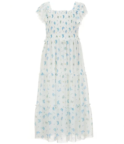 Rare Editions Big Girls Flutter-Sleeve Butterfly-Printed Power Mesh Long Dress