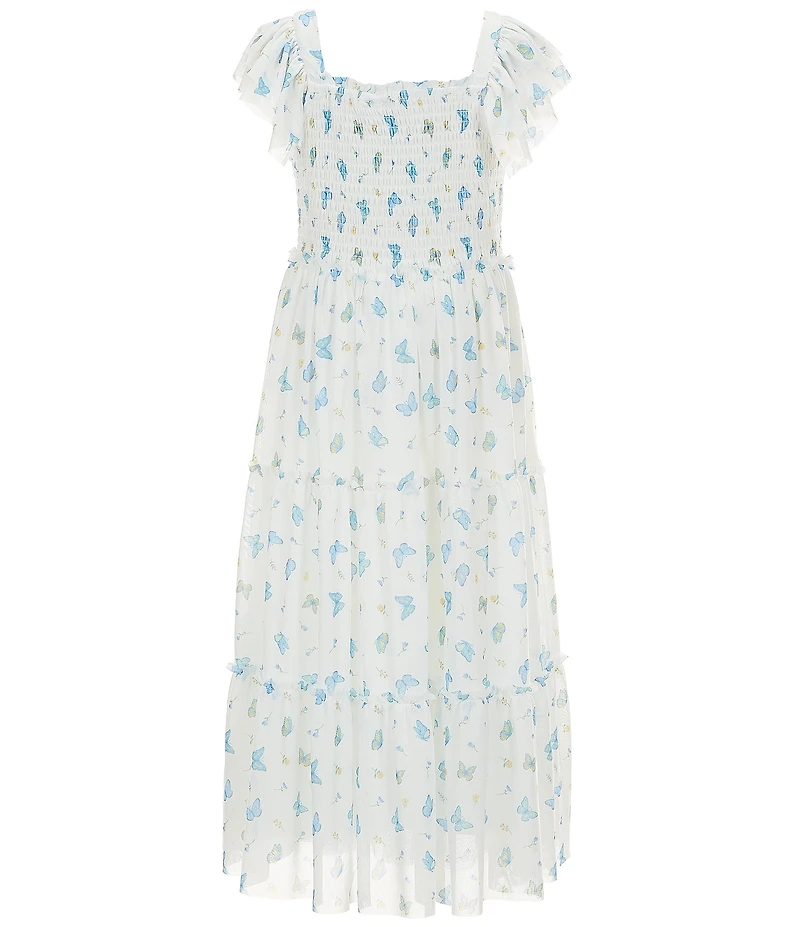 Rare Editions Big Girls Flutter-Sleeve Butterfly-Printed Power Mesh Long Dress
