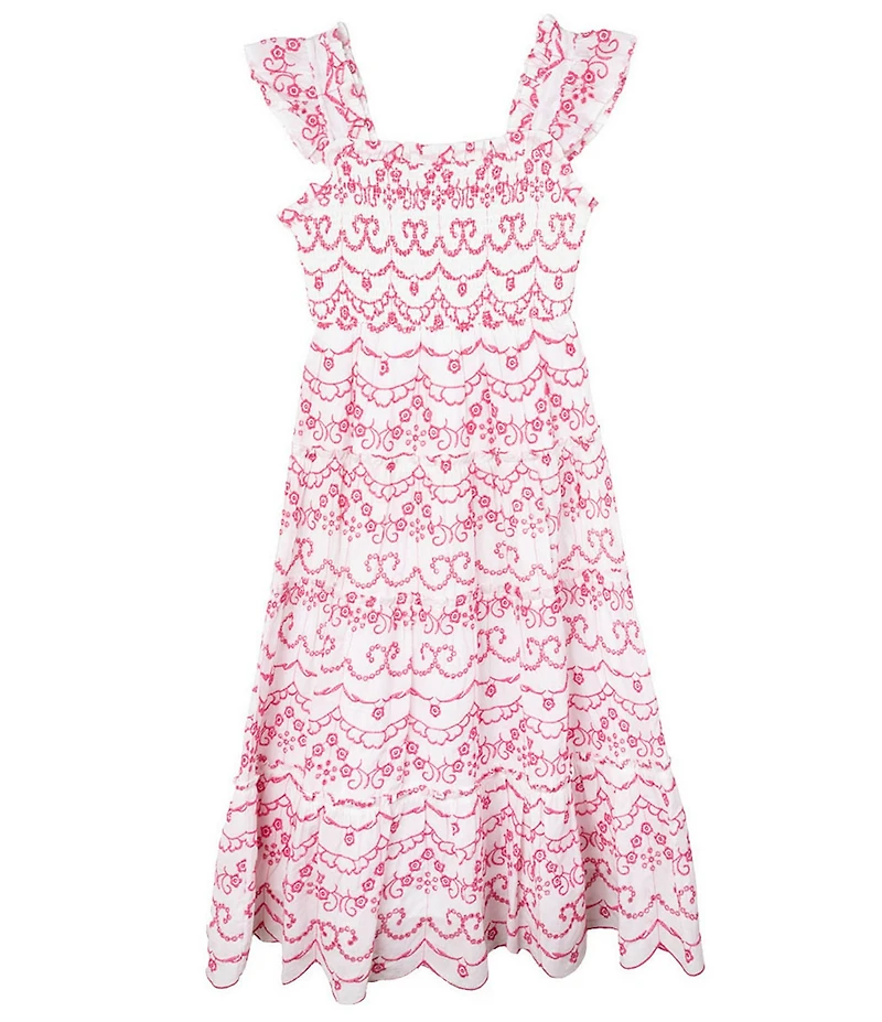 Rare Editions Big Girls Flutter-Sleeve Eyelet-Embroidered Patterned Midi Dress