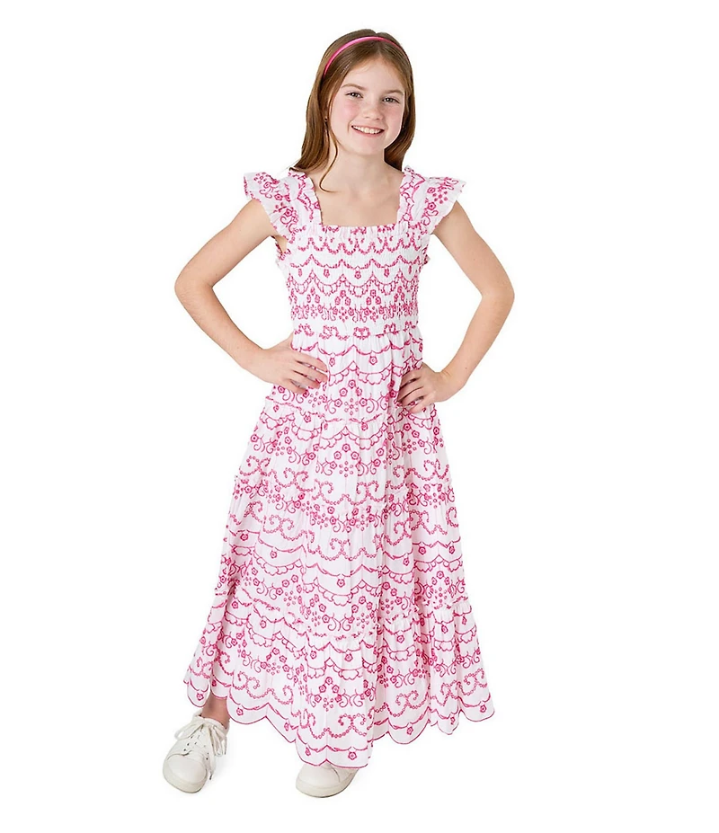 Rare Editions Big Girls Flutter-Sleeve Eyelet-Embroidered Patterned Midi Dress