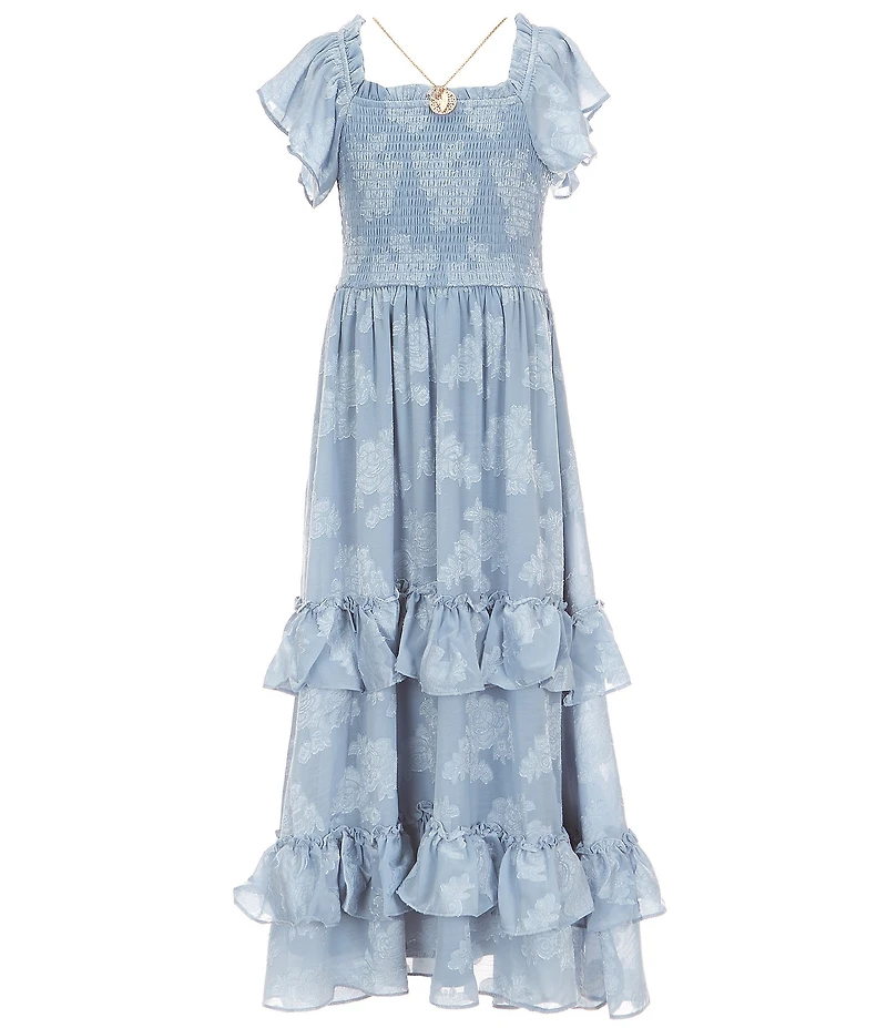 Rare Editions Big Girls Flutter-Sleeve Floral-Burnout Chiffon Tiered Long Dress