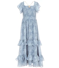 Rare Editions Big Girls Flutter-Sleeve Floral-Burnout Chiffon Tiered Long Dress