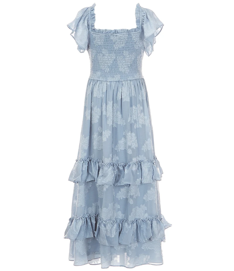 Rare Editions Big Girls Flutter-Sleeve Floral-Burnout Chiffon Tiered Long Dress