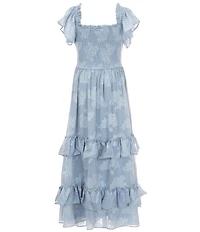 Rare Editions Big Girls Flutter-Sleeve Floral-Burnout Chiffon Tiered Long Dress