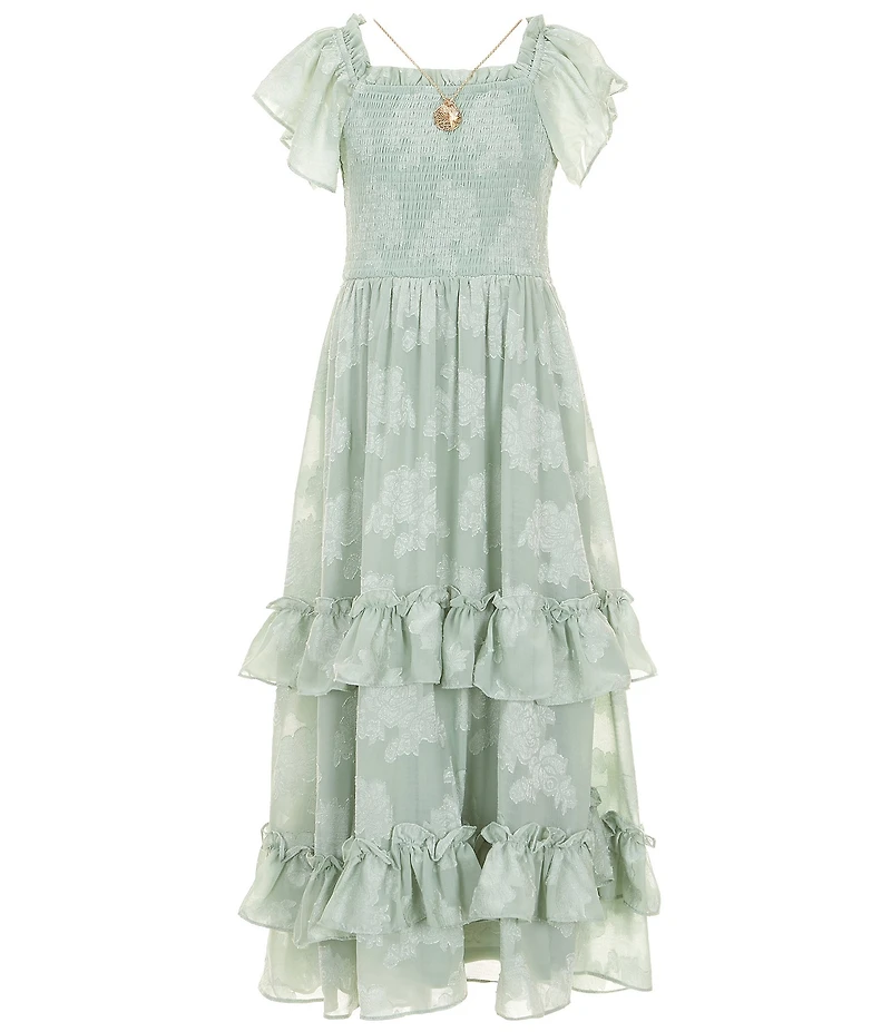 Rare Editions Big Girls Flutter-Sleeve Floral-Burnout Chiffon Tiered Long Dress