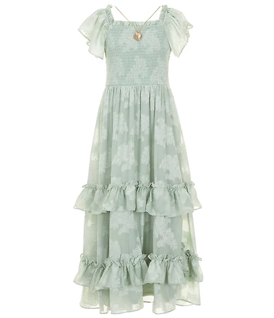 Rare Editions Big Girls Flutter-Sleeve Floral-Burnout Chiffon Tiered Long Dress