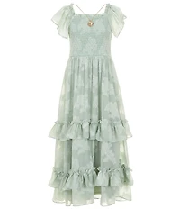 Rare Editions Big Girls Flutter-Sleeve Floral-Burnout Chiffon Tiered Long Dress