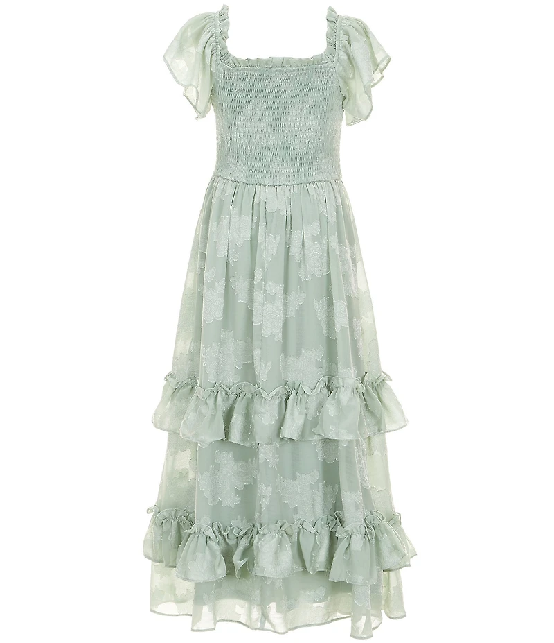Rare Editions Big Girls Flutter-Sleeve Floral-Burnout Chiffon Tiered Long Dress