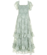 Rare Editions Big Girls Flutter-Sleeve Floral-Burnout Chiffon Tiered Long Dress