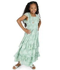 Rare Editions Big Girls Flutter-Sleeve Floral-Burnout Chiffon Tiered Long Dress