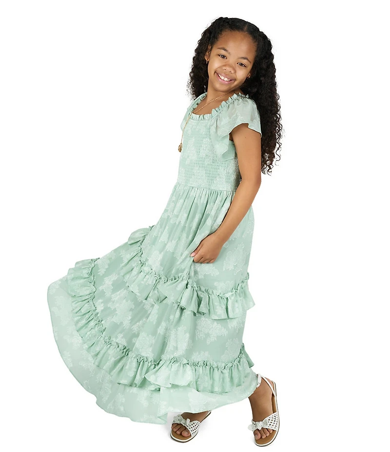 Rare Editions Big Girls Flutter-Sleeve Floral-Burnout Chiffon Tiered Long Dress
