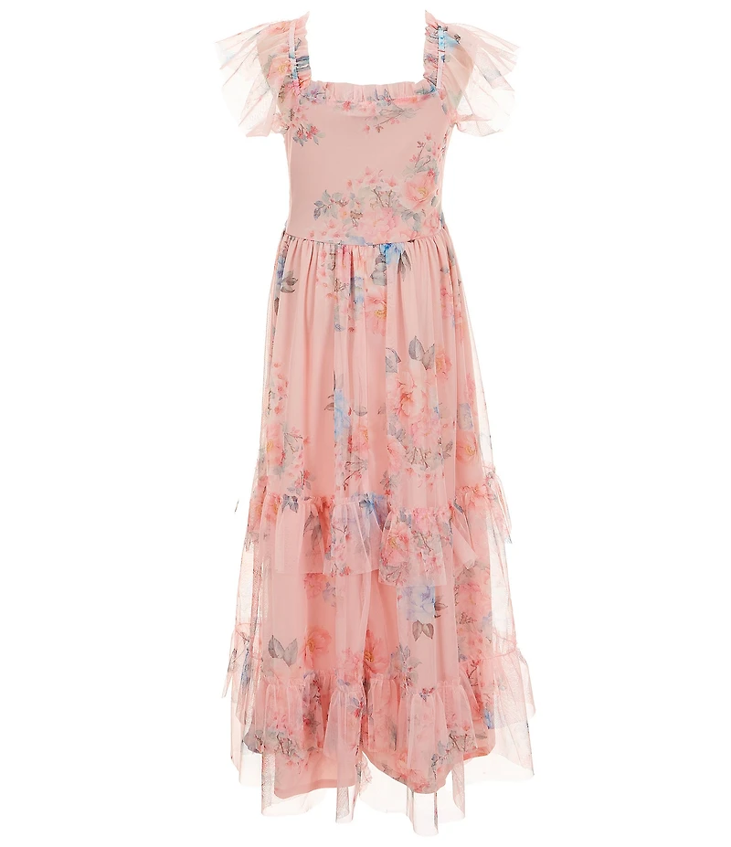 Rare Editions Big Girls Flutter-Sleeve Floral-Printed Mesh Long Dress