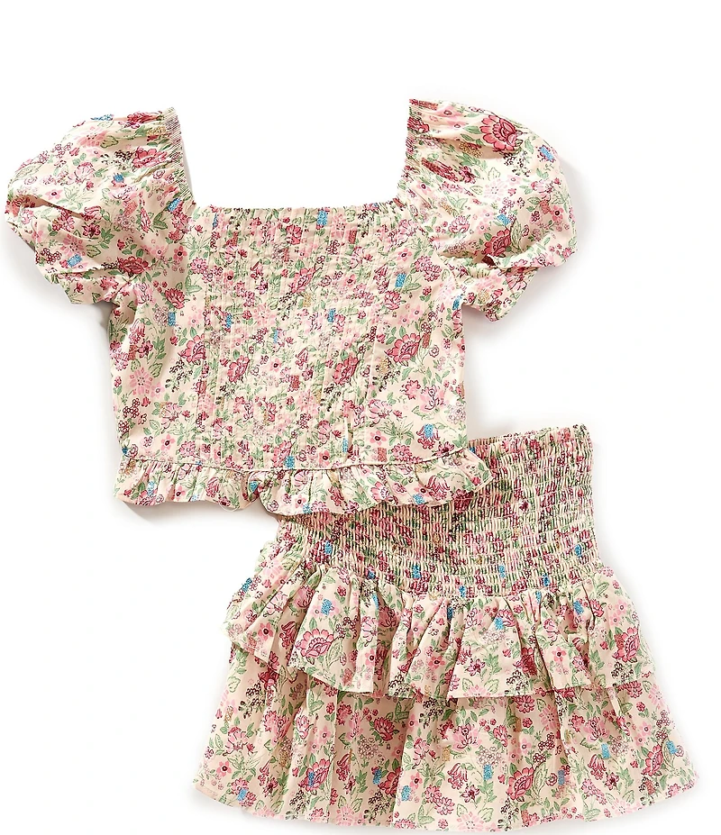 Rare Editions Big Girls Flutter-Sleeve Floral-Printed Peplum-Hem Top & Matching Skirt Set