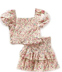 Rare Editions Big Girls Flutter-Sleeve Floral-Printed Peplum-Hem Top & Matching Skirt Set