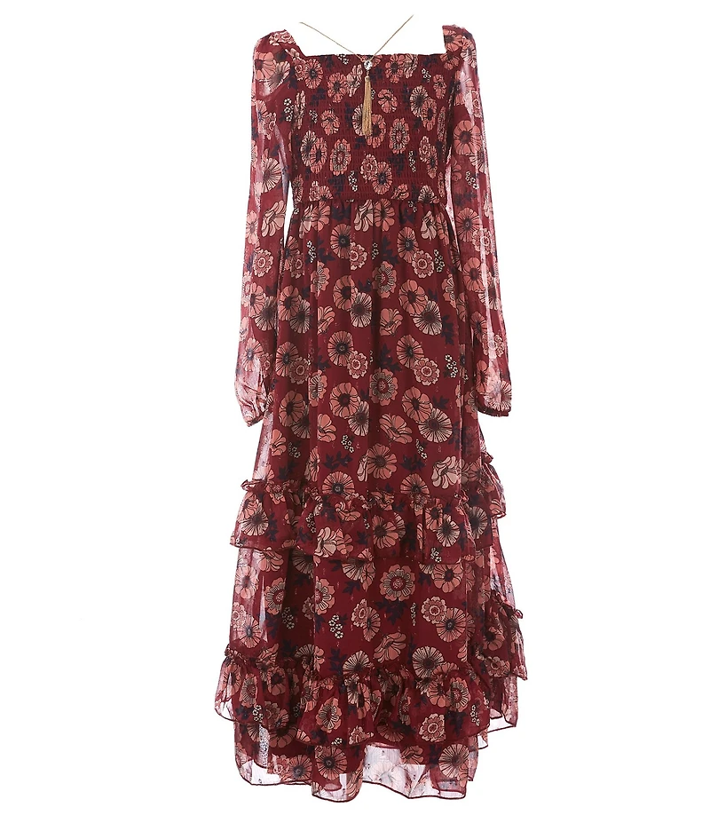 Rare Editions Big Girls Long-Sleeve Printed Chiffon Long Dress & Tassel Necklace