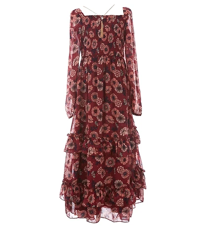 Rare Editions Big Girls Long-Sleeve Printed Chiffon Long Dress & Tassel Necklace