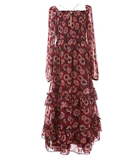 Rare Editions Big Girls Long-Sleeve Printed Chiffon Long Dress & Tassel Necklace