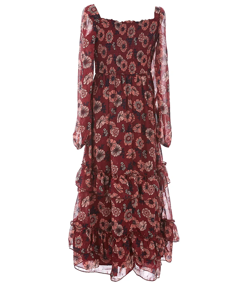 Rare Editions Big Girls Long-Sleeve Printed Chiffon Long Dress & Tassel Necklace