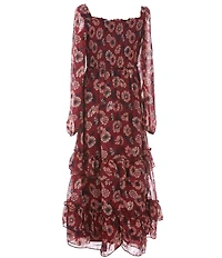 Rare Editions Big Girls Long-Sleeve Printed Chiffon Long Dress & Tassel Necklace