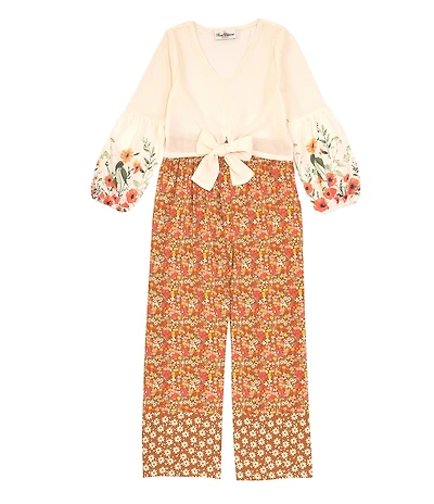 Rare Editions Big Girls Printed Woven Balloon Sleeve Tie Front Top & Floral Pant Set
