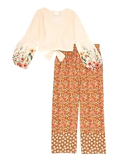 Rare Editions Big Girls Printed Woven Balloon Sleeve Tie Front Top & Floral Pant Set