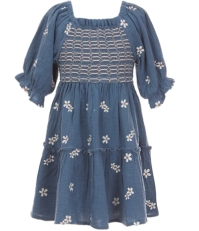 Rare Editions Big Girls Puffed-Sleeve Floral-Embroidered Textured-Gauze Fit-And-Flare Dress