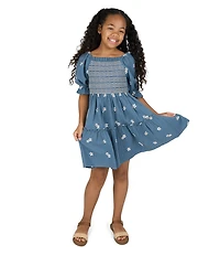 Rare Editions Big Girls Puffed-Sleeve Floral-Embroidered Textured-Gauze Fit-And-Flare Dress