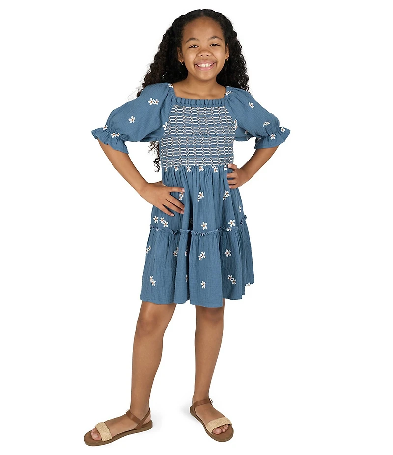 Rare Editions Big Girls Puffed-Sleeve Floral-Embroidered Textured-Gauze Fit-And-Flare Dress