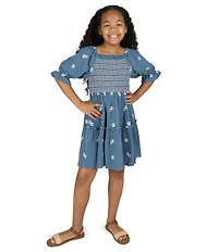 Rare Editions Big Girls Puffed-Sleeve Floral-Embroidered Textured-Gauze Fit-And-Flare Dress