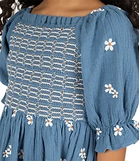 Rare Editions Big Girls Puffed-Sleeve Floral-Embroidered Textured-Gauze Fit-And-Flare Dress