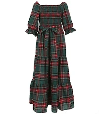 Rare Editions Big Girls Puffed-Sleeve Plaid Woven Long Dress