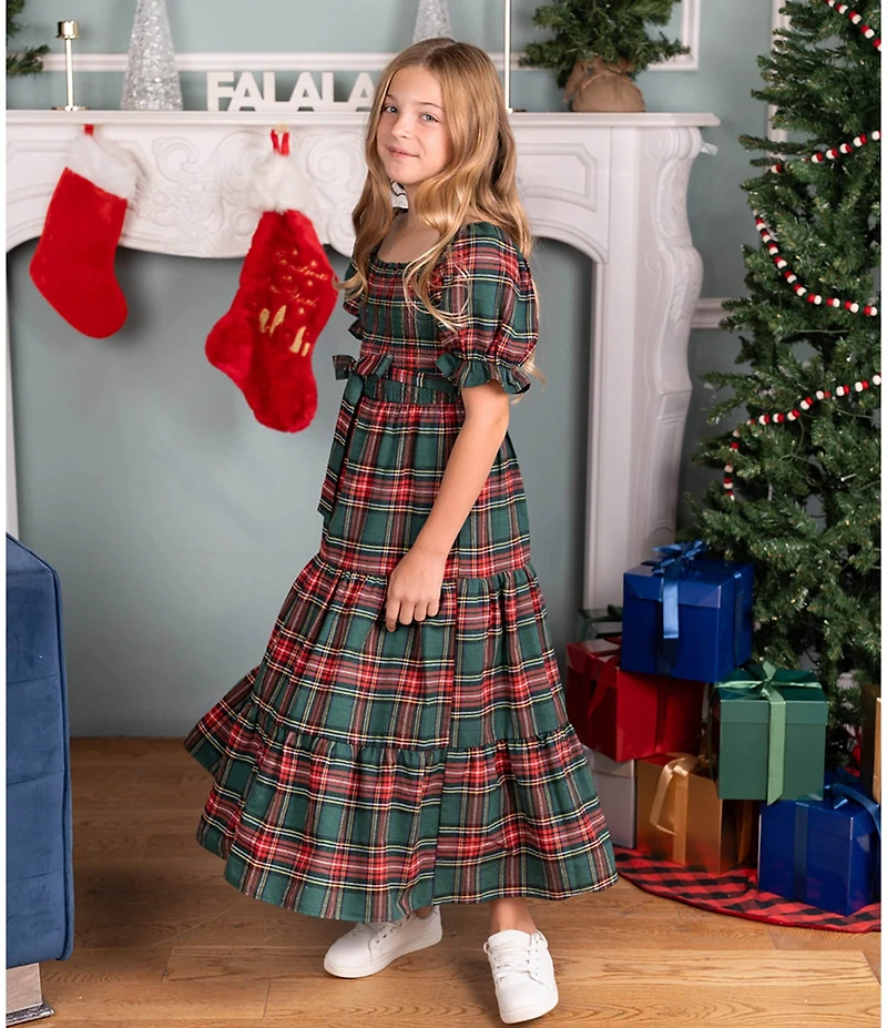 Rare Editions Big Girls Puffed-Sleeve Plaid Woven Long Dress